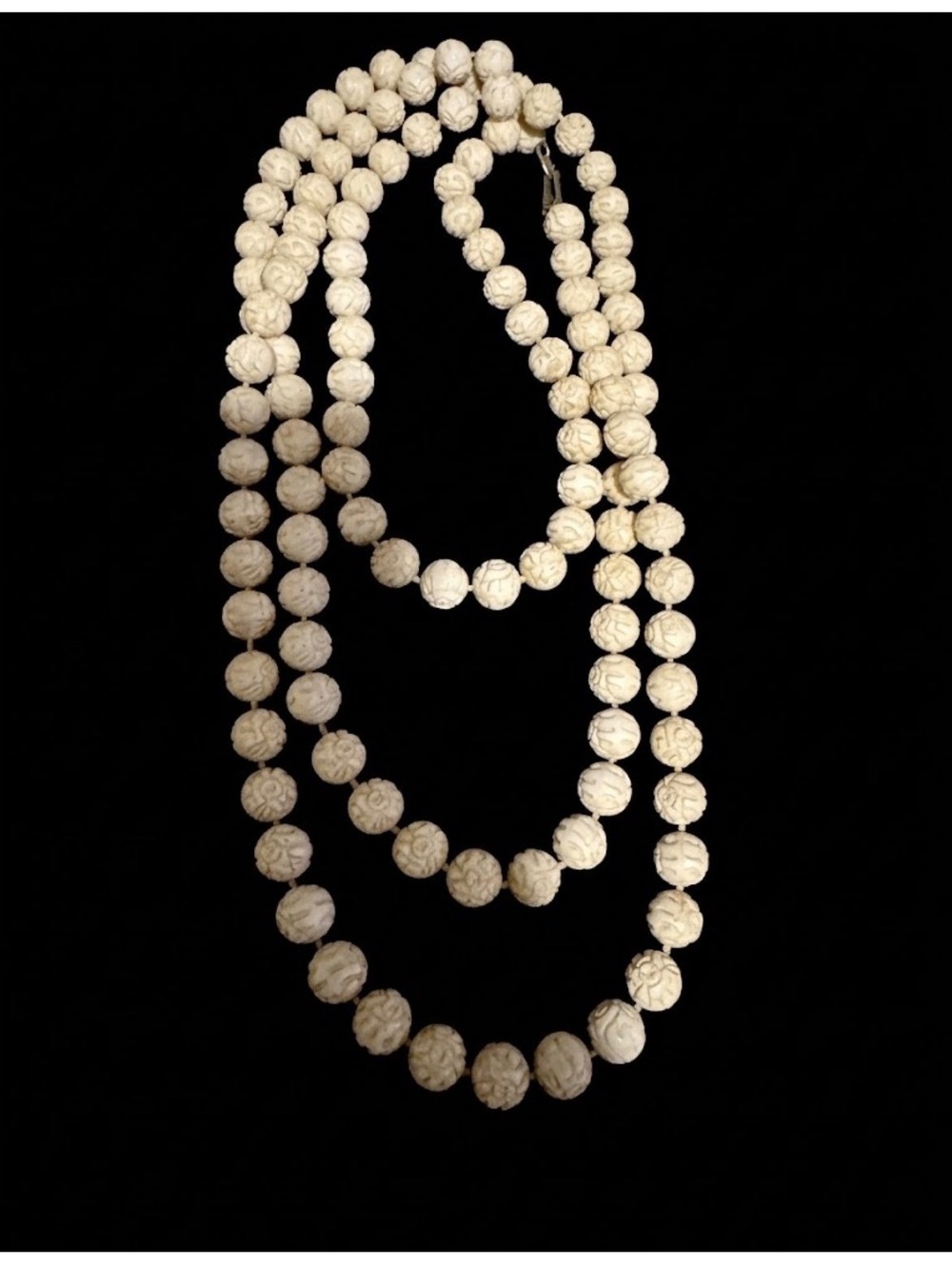Vintage Carved Faux-Ivory Celluloid Bead Opera Length Necklace